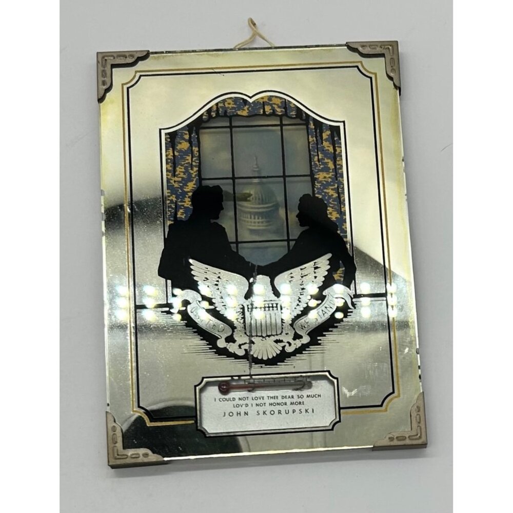 Vintage Silhouette Reverse Painting Couple White House Eagle Thermometer 4 3/4"